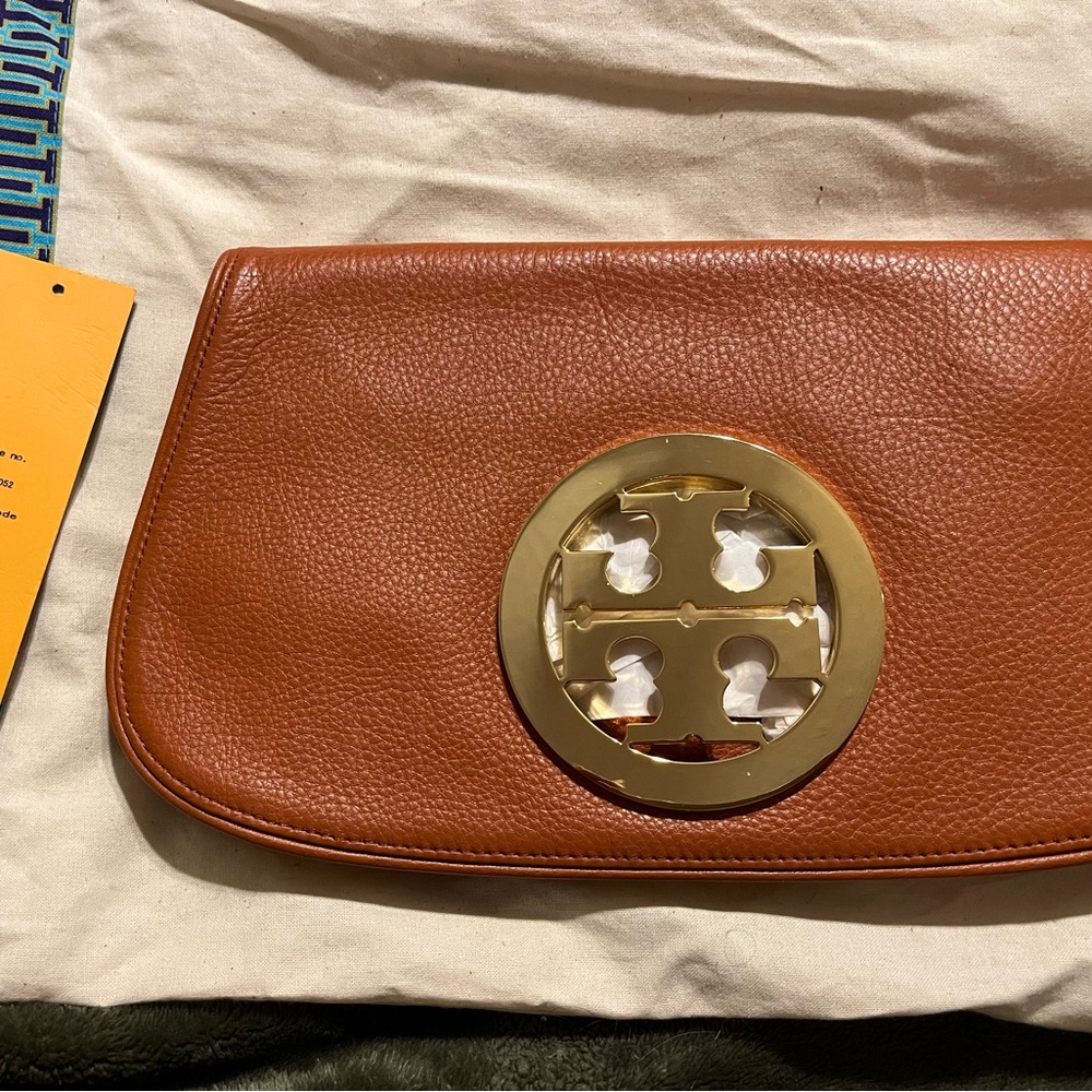 Tory Burch Tan Leather Clutch with Gold Logo